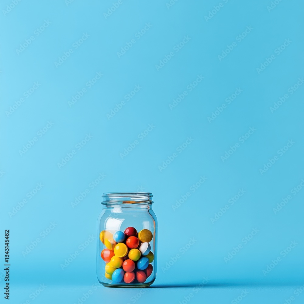 Colorful Candies in a Glass Jar Against a Blue Background Colorful Candies in a Glass Jar Against a Blue Background