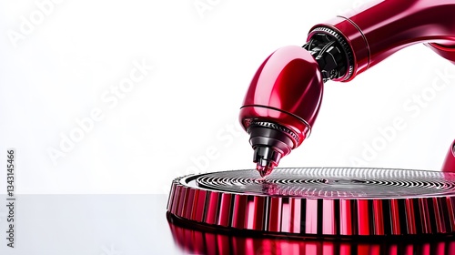 A sleek red robotic arm performs precise industrial automation tasks on a circular metallic platform showcasing advanced factory technology and futuristic manufactu processes.