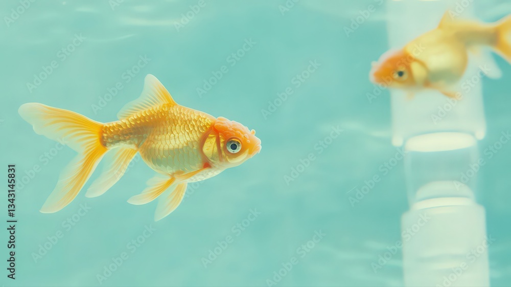 Fototapeta premium Two Orange Goldfish Swimming in a Turquoise Aquarium