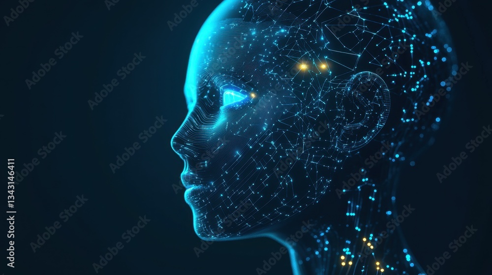 Obraz premium Futuristic AI-powered robotic head with glowing blue circuits and digital connections.