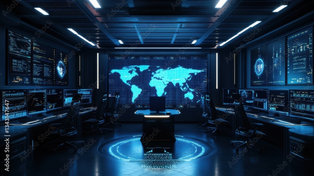 Fototapeta premium Futuristic IT operation center monitoring global cybersecurity threats.