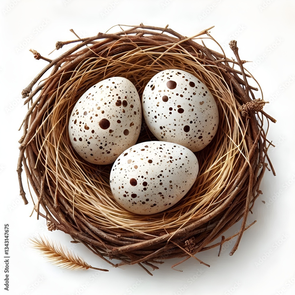 Obraz premium Nest with eggs, feathers, blossoms, and green leaves; springtime serenity is captured.