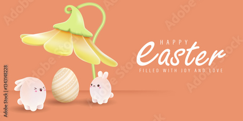 Happy Easter Day Design with Cute Bunny Vector Illustration. Egg Hunt Party Concept. Suitable for Poster Banner Flyer and Brochure Template	