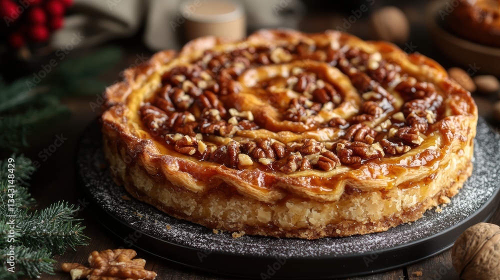 A flaky, honey-drenched masterpiece, studded with crunchy nuts like walnuts and almonds, offering a symphony of flavors and textures. A flaky, honey-drenched masterpiece, studded with crunchy nuts like walnuts and almonds, offering a symphony of flavors and textures.