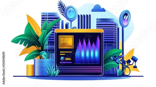 Futuristic smart city industrial automation concept showcasing technological advancements in urban environments with data visualization and environmental integration for