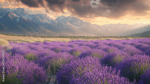 A field of lavender with mountains in the background, showcasing the contrast between the purple flowers and the rugged landscape.