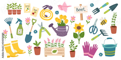 Set of garden cliparts isolated on white background. Collection of spring and garden concept objects. Vector elements in a flat style.