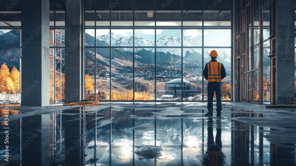 Construction worker observes stunning mountain view from unfinished building in autumn daylight Construction worker observes stunning mountain view from unfinished building in autumn daylight