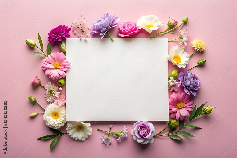 Mock up image of paper and flowers on plain background Mock up image of paper and flowers on plain background