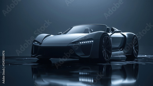 A sleek, dark convertible car with bright LED headlights is reflected on a wet surface against a dark background