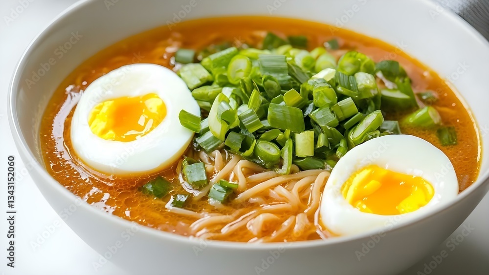 A bowl of ramen topped with soft-boiled eggs, green onions, and a flavorful broth. Concept Ramen Bowl Presentation, Soft-Boiled Egg Technique, Flavorful Broth Recipes, Green Onion Garnish A bowl of ramen topped with soft-boiled eggs, green onions, and a flavorful broth. Concept Ramen Bowl Presentation, Soft-Boiled Egg Technique, Flavorful Broth Recipes, Green Onion Garnish