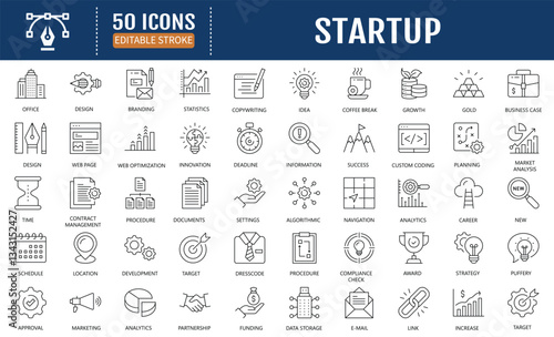 Startup line editable icon set. Containing innovation, business plan, investment, launch, funding, investor, entrepreneurship and more. Vector Illustration