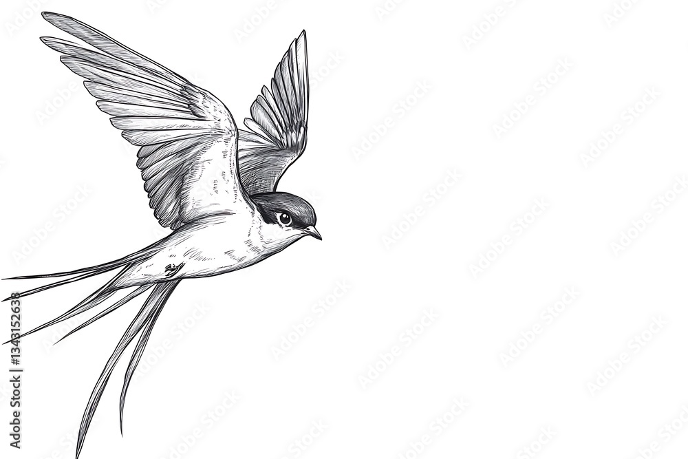 Fototapeta premium Swallow flying with outstretched wings on white backdrop, simple drawing suitable for illustration