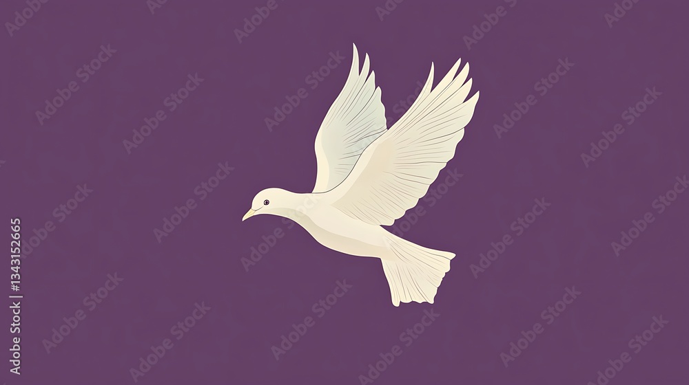 Fototapeta premium White dove flying on a purple background, representing peace, freedom, love, and hope concept
