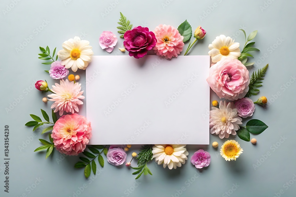 Mock up image of paper and flowers on plain background Mock up image of paper and flowers on plain background