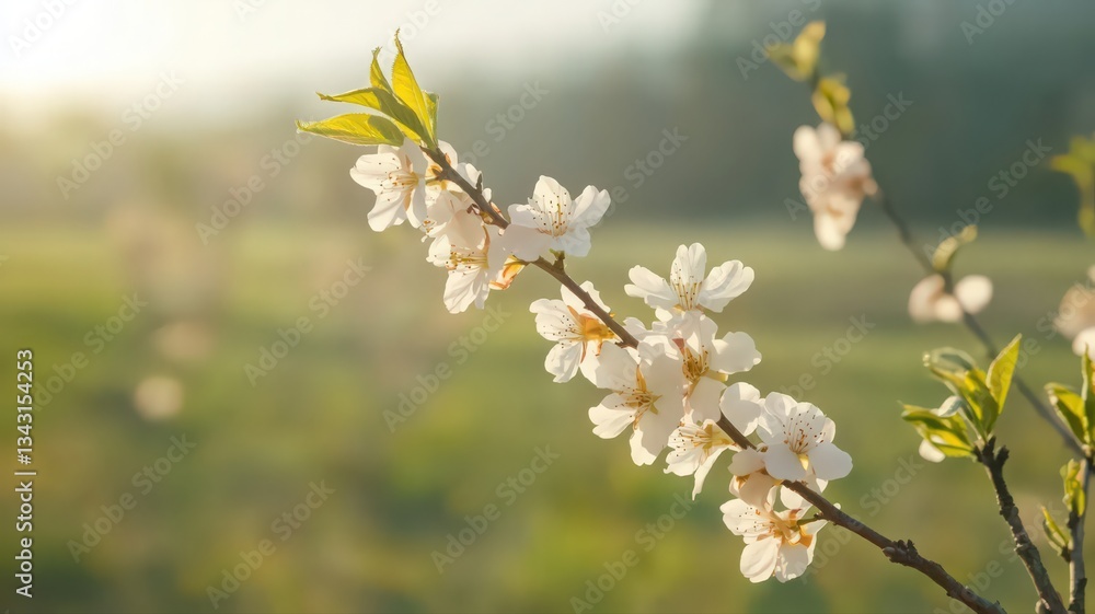 Delicate White Blossoms on Branch in Soft Morning Light Delicate White Blossoms on Branch in Soft Morning Light