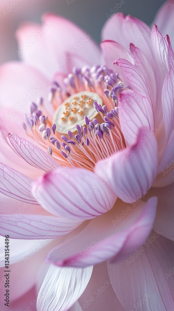 A vibrant lotus flower opens gracefully, revealing its intricate center filled with golden stamens A vibrant lotus flower opens gracefully, revealing its intricate center filled with golden stamens