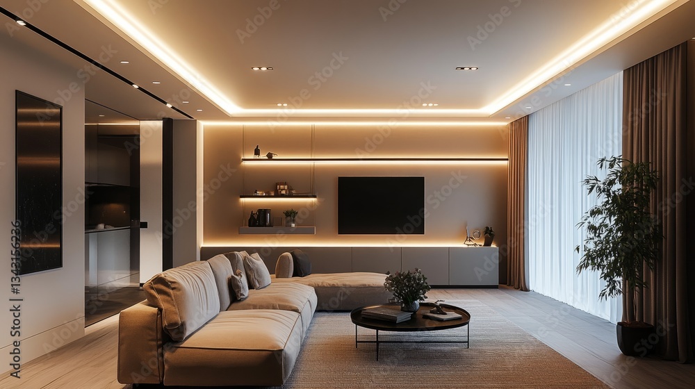 Contemporary home interior featuring an elegant track LED lighting system on the wall, with ceiling spotlights illuminating key areas. Contemporary home interior featuring an elegant track LED lighting system on the wall, with ceiling spotlights illuminating key areas.