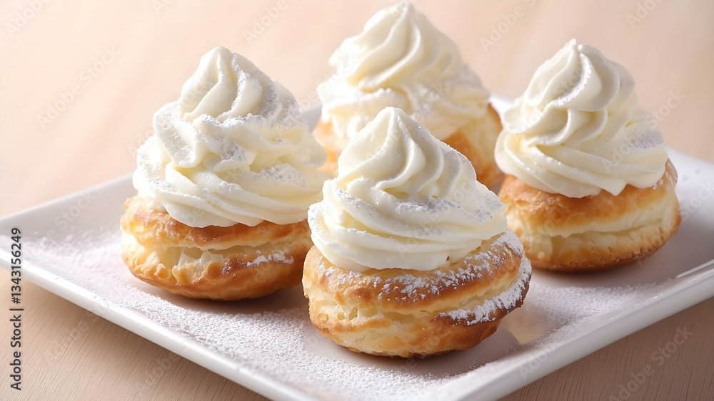 Delicious cream-filled pastries topped with whipped cream and dusted with powdered sugar on a plate. Concept Cream-Filled Pastries, Whipped Cream Topping, Powdered Sugar Dusting Delicious cream-filled pastries topped with whipped cream and dusted with powdered sugar on a plate. Concept Cream-Filled Pastries, Whipped Cream Topping, Powdered Sugar Dusting