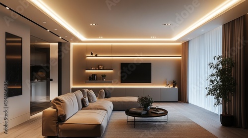 Wallpaper Mural Contemporary home interior featuring an elegant track LED lighting system on the wall, with ceiling spotlights illuminating key areas. Torontodigital.ca