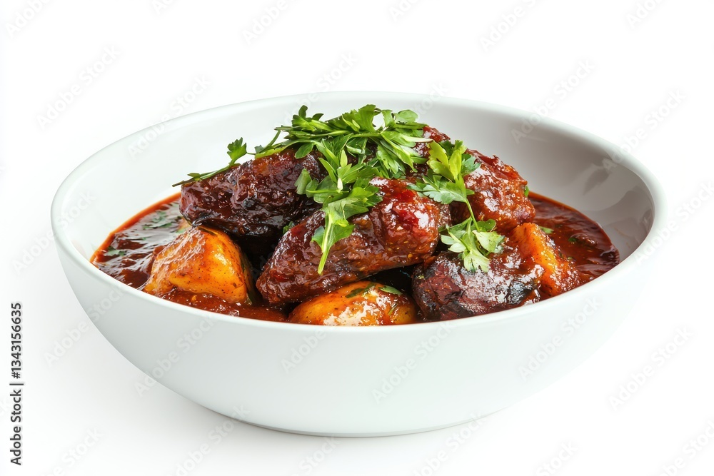 Culinary symphony tender braised meat and golden potatoes in rich sauce garnished parsley elegant presentation Culinary symphony tender braised meat and golden potatoes in rich sauce garnished parsley elegant presentation