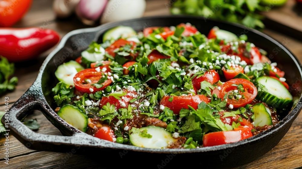 Vibrant vegetarian stir fry with fresh produce in skillet parsley topping food styling Vibrant vegetarian stir fry with fresh produce in skillet parsley topping food styling