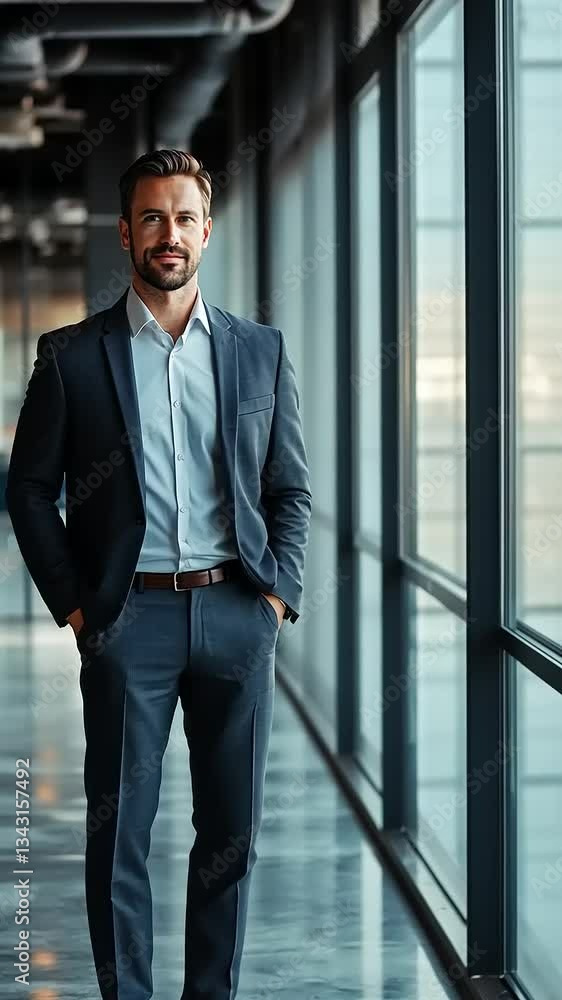 Professional man in a suit standing confidently in a modern office corridor with glass walls Professional man in a suit standing confidently in a modern office corridor with glass walls