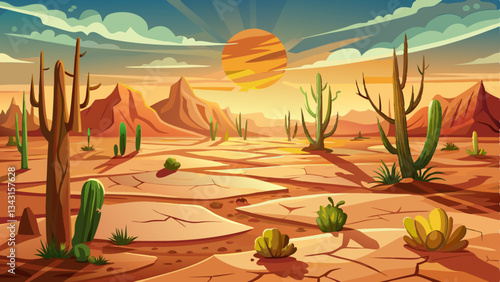 vector of endless desert view with scattered cacti, dry cracked earth, and a blazing sun overhead