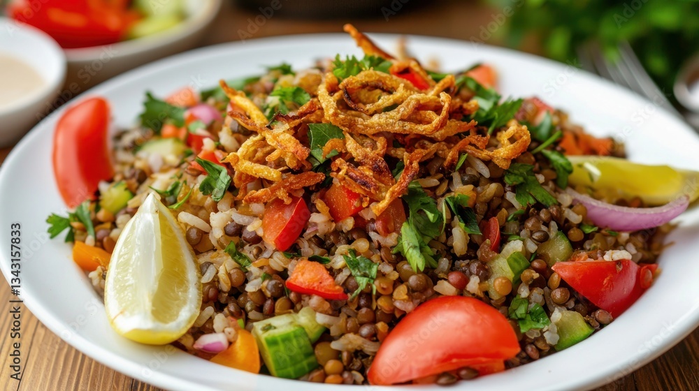 Delicious Mujadara Dish with Lentils Rice and Crispy Onions on a White Plate Fresh Vegetables Delicious Mujadara Dish with Lentils Rice and Crispy Onions on a White Plate Fresh Vegetables