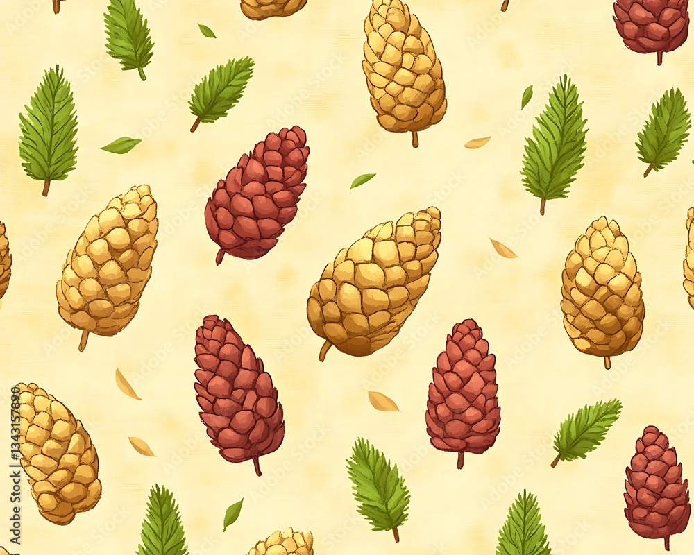 Pine cones and leaves seamless pattern, nature background Pine cones and leaves seamless pattern, nature background