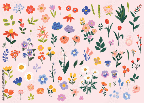 Collection of  colorful flower elements vector set of spring and summer wildflower, leaf branch, buds and foliage clipart. Perfect for stickers, invitation cards, banners, templates. 