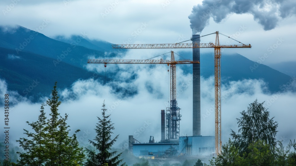 Newly built industrial chimneys towering over a construction site, ready for installation. Newly built industrial chimneys towering over a construction site, ready for installation.