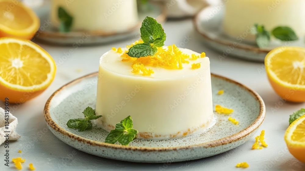 Elegant lemon dessert adorned with zest and mint resting on a rustic plate in a bright setting Elegant lemon dessert adorned with zest and mint resting on a rustic plate in a bright setting