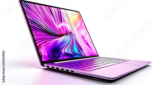 A vibrant purple laptop displays abstract genetic data analysis visualizations; showcasing cutting-edge biotech research and innovative technology solutions for genomic science.
