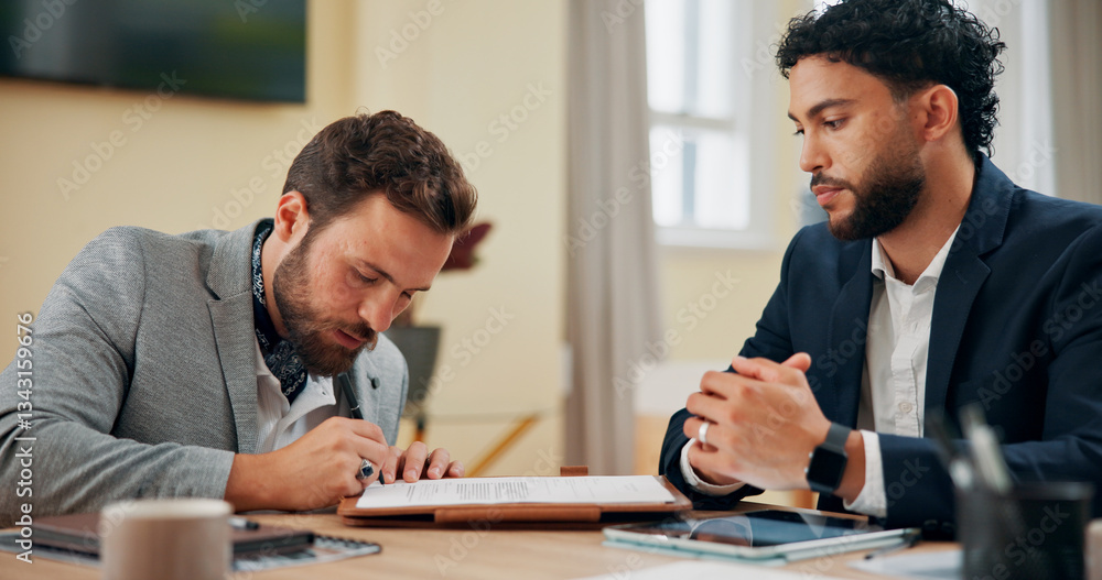 Contract, finance and signature with business men in office together for consulting or feedback. Agreement, collaboration or documents with client and financial advisor in workplace for investment Contract, finance and signature with business men in office together for consulting or feedback. Agreement, collaboration or documents with client and financial advisor in workplace for investment