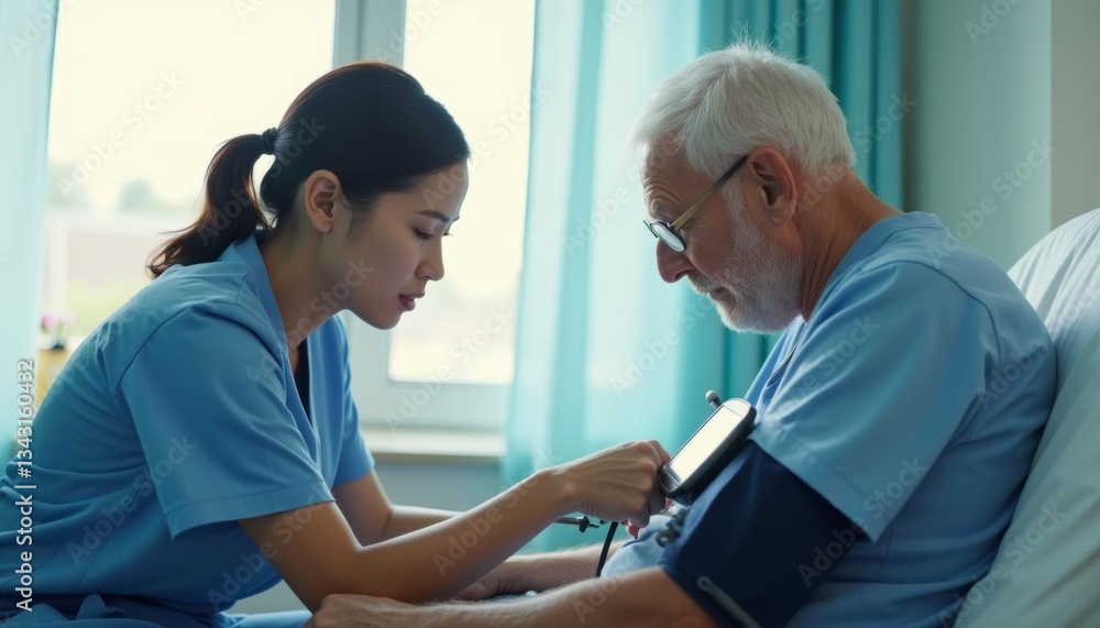 Obraz premium Nurses measure blood pressure for elderly people