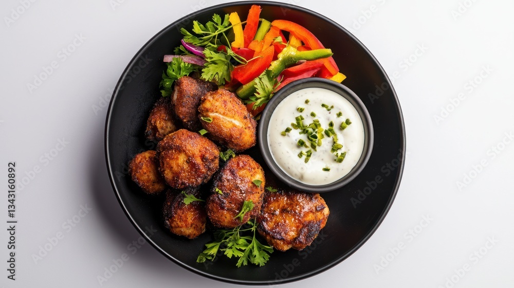 Chicken Meatballs Delight with Zesty Dip and Fresh Salad on a Stylish Black Plate Culinary Food Chicken Meatballs Delight with Zesty Dip and Fresh Salad on a Stylish Black Plate Culinary Food