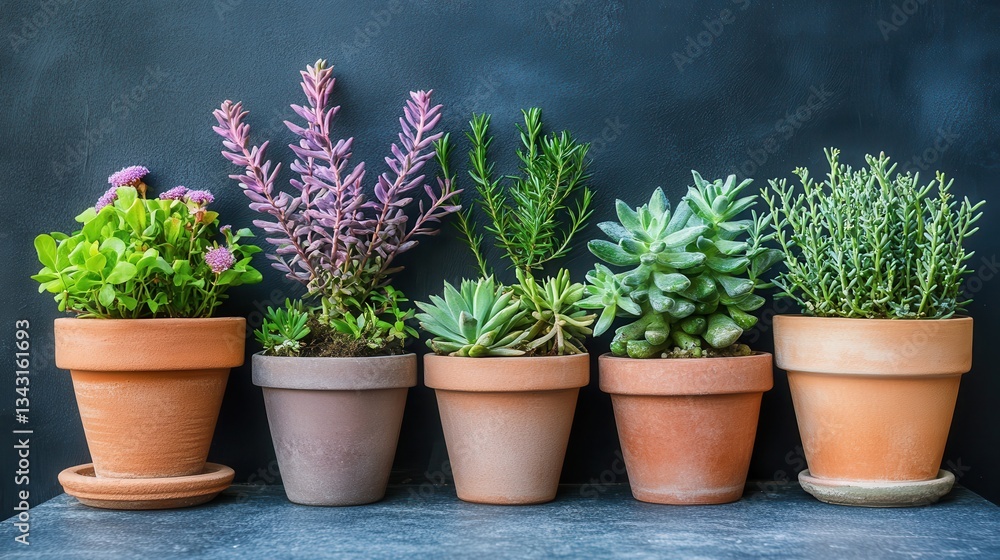 Variety of potted succulents and plants against dark wall Variety of potted succulents and plants against dark wall