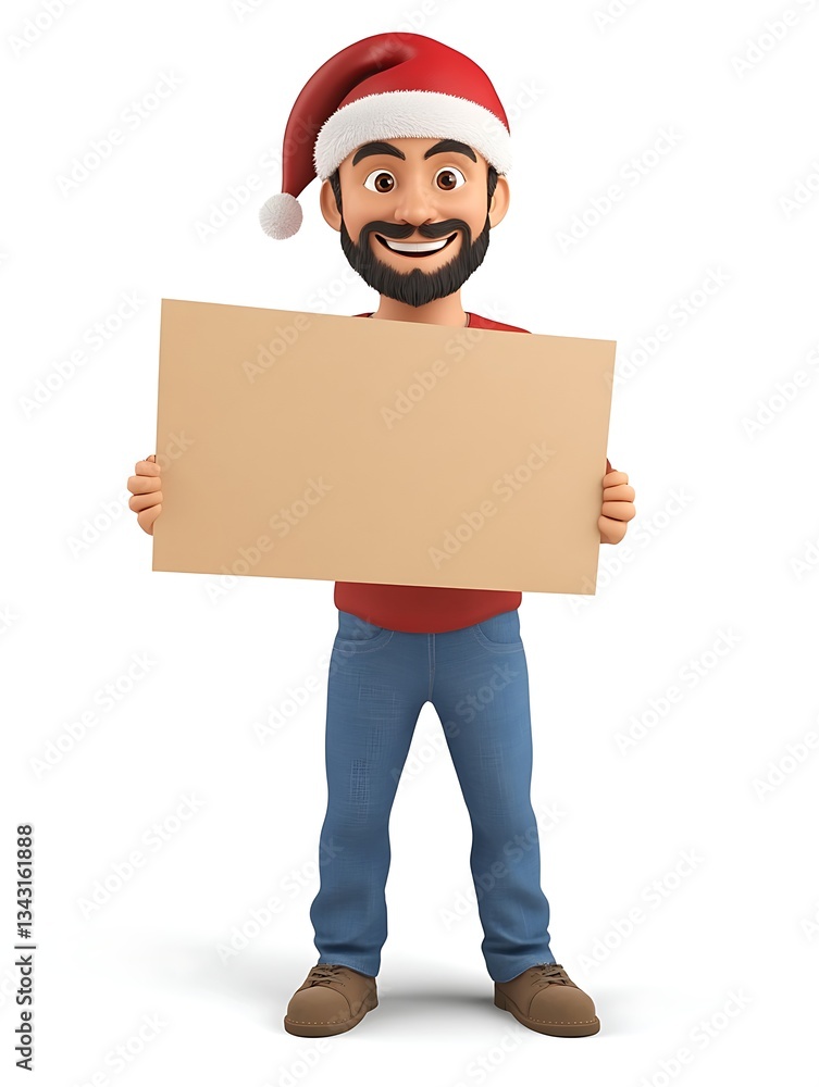 Holiday Cheer: A cheerful character wearing a santa hat and holding a blank cardboard sign in a vibrant, joyful scene. Perfect for conveying holiday messages. Holiday Cheer: A cheerful character wearing a santa hat and holding a blank cardboard sign in a vibrant, joyful scene. Perfect for conveying holiday messages.
