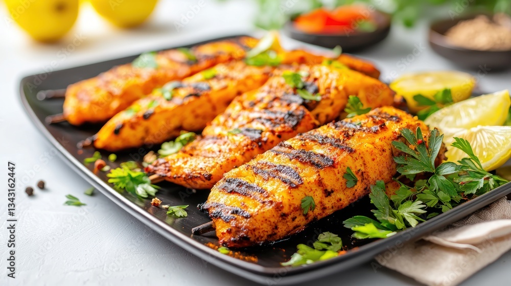 Appetizing grilled chicken skewers with fresh herbs lemon wedges on black platter culinary delight Appetizing grilled chicken skewers with fresh herbs lemon wedges on black platter culinary delight