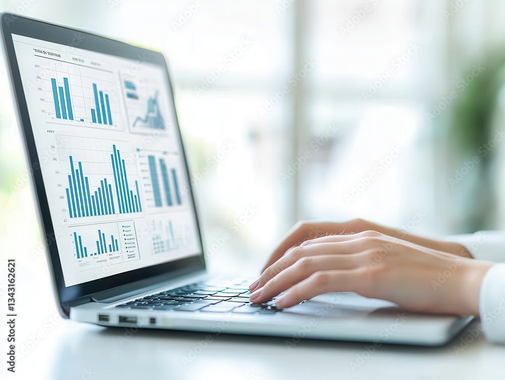 A person analyzing data on a laptop, viewing various charts and graphs, indicating a focus on analytics and reporting. A person analyzing data on a laptop, viewing various charts and graphs, indicating a focus on analytics and reporting.