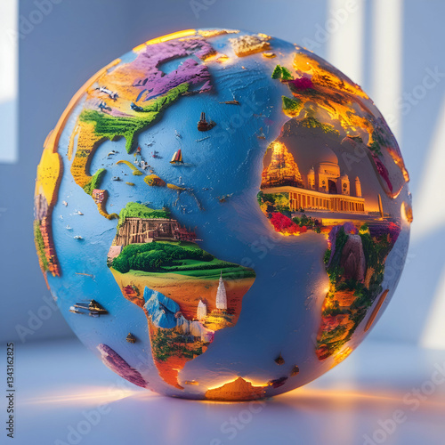 Global travel media concept with a world globe featuring travel images, isolated on a white background