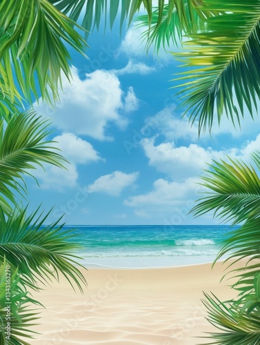 Palm Leaves Frame a Tropical Beach with Blue Sky and Ocean View