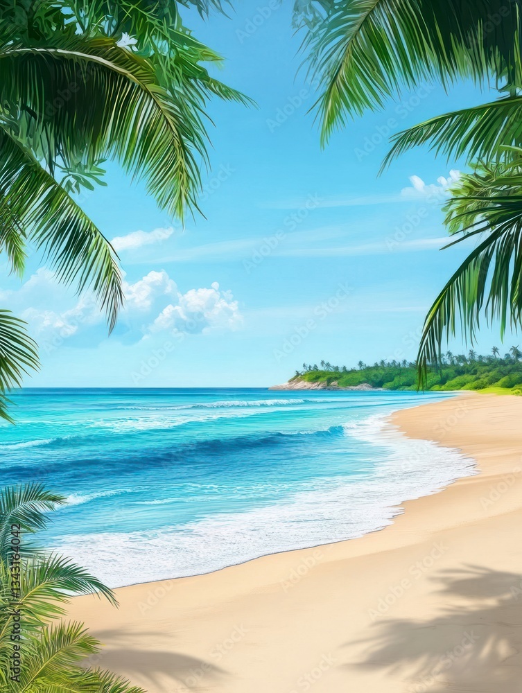 Obraz premium Relaxing Beach Scene with Palm Trees, Blue Ocean, and Sandy Shore