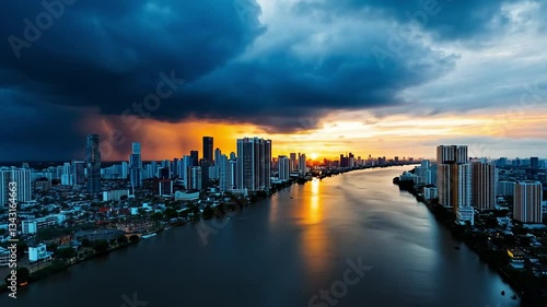 Wallpaper Mural  Urban Climate Shift, Rising Sea Levels Coastal Cities, Urban Landscape at Sunset with Dramatic Clouds and River Flowing Through Cityscape Torontodigital.ca