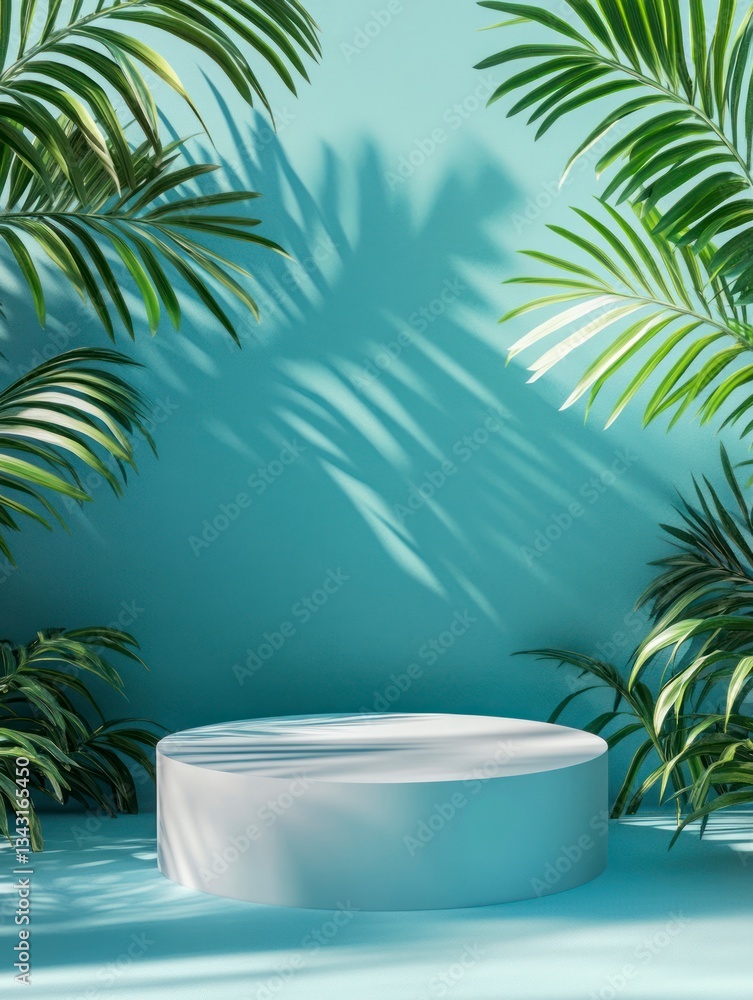 Stylish Podium Surrounded by Palm Leaves and Shadows for Product Display Stylish Podium Surrounded by Palm Leaves and Shadows for Product Display