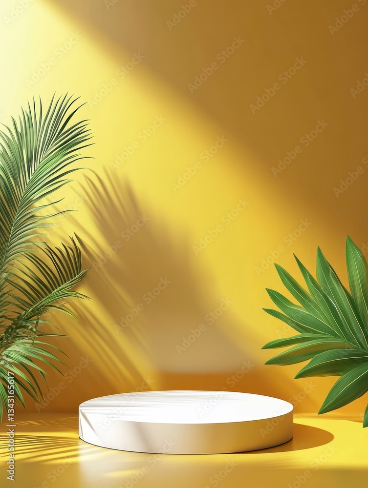 Product Display Podium with Bright Sunlight and Palm Leaves Background Product Display Podium with Bright Sunlight and Palm Leaves Background