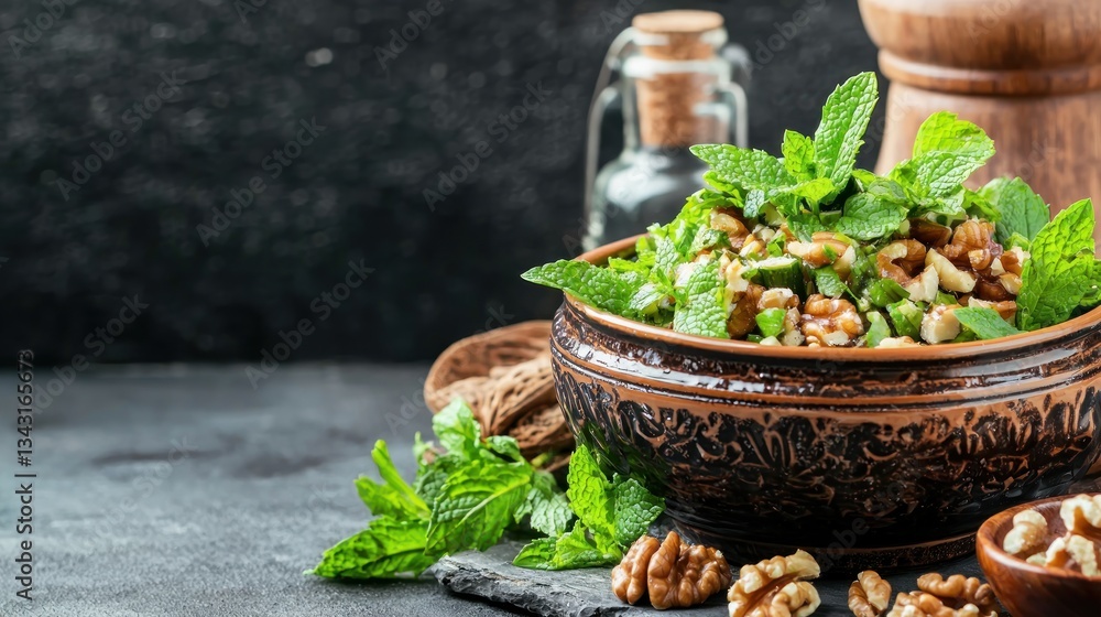 Captivating CloseUp of Walnut Mint Salad in Ceramic Bowl on Slate Surface with Dark Textured Background Captivating CloseUp of Walnut Mint Salad in Ceramic Bowl on Slate Surface with Dark Textured Background