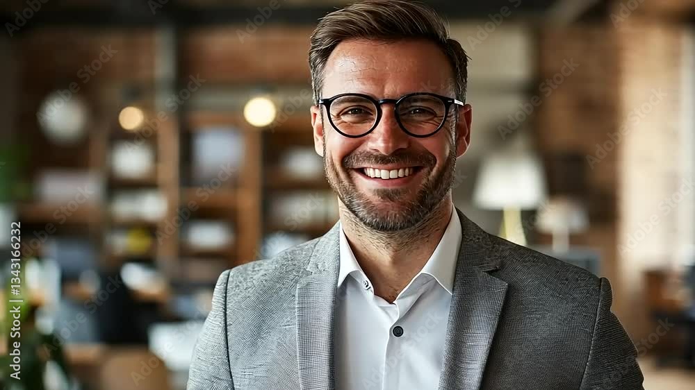 Smiling man in a gray suit stands confidently in a modern office with warm lighting Smiling man in a gray suit stands confidently in a modern office with warm lighting