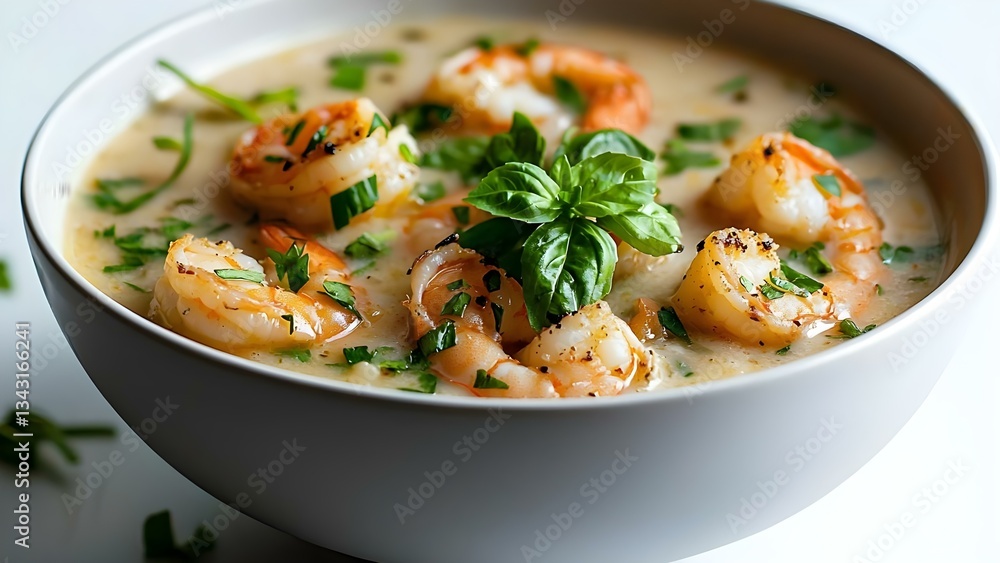 A bowl of creamy shrimp soup garnished with fresh herbs and basil. Concept Creamy Shrimp Soup, Fresh Herb Garnish, Basil Flavor, Comfort Food, Seafood Recipe A bowl of creamy shrimp soup garnished with fresh herbs and basil. Concept Creamy Shrimp Soup, Fresh Herb Garnish, Basil Flavor, Comfort Food, Seafood Recipe